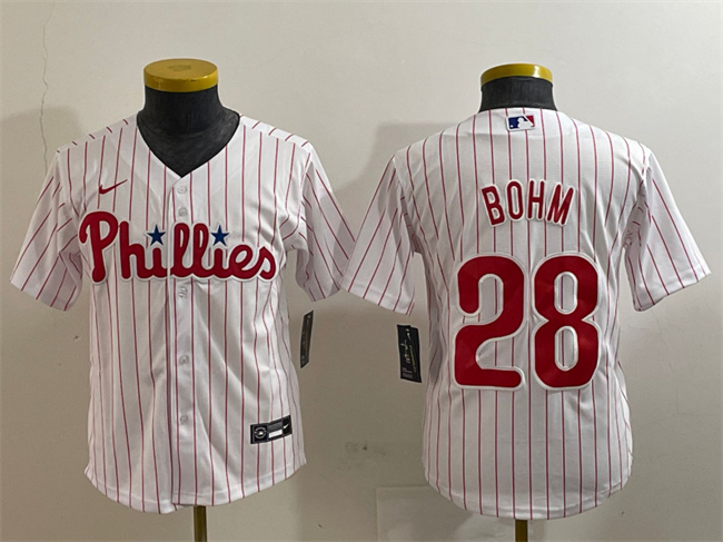 Youth Philadelphia Phillies #28 Alec Bohm White Cool Base Stitched Baseball Jersey